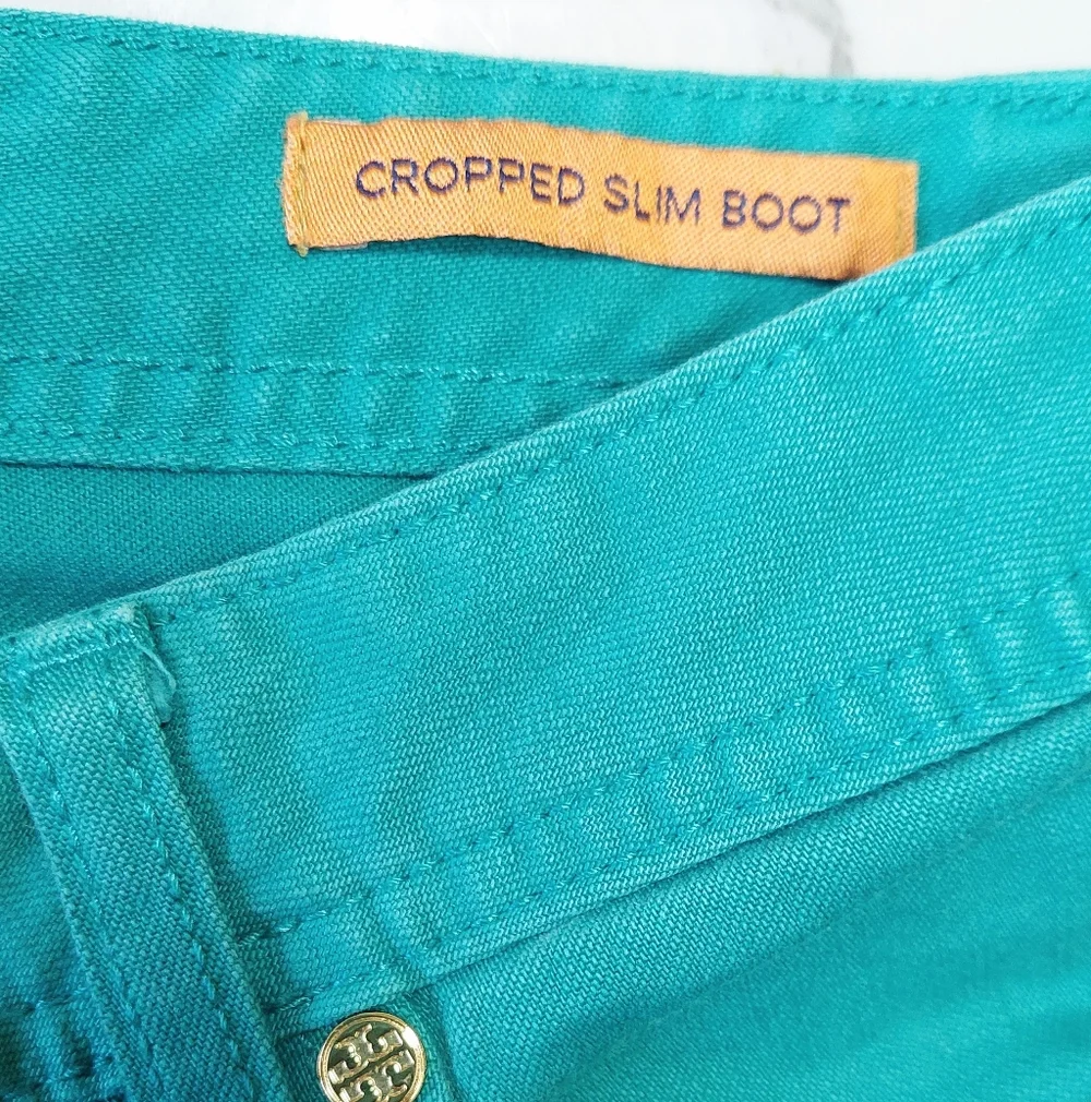 Tory Burch Teal Cropped Slim Boot Jeans, Size 28